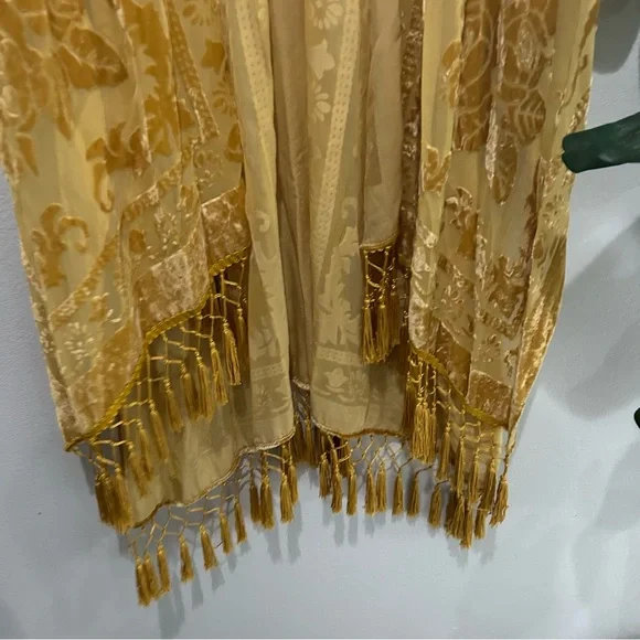 Free People Yellow Floral Kimono nightbird burnout gold velvet tassel - Picture 10 of 12